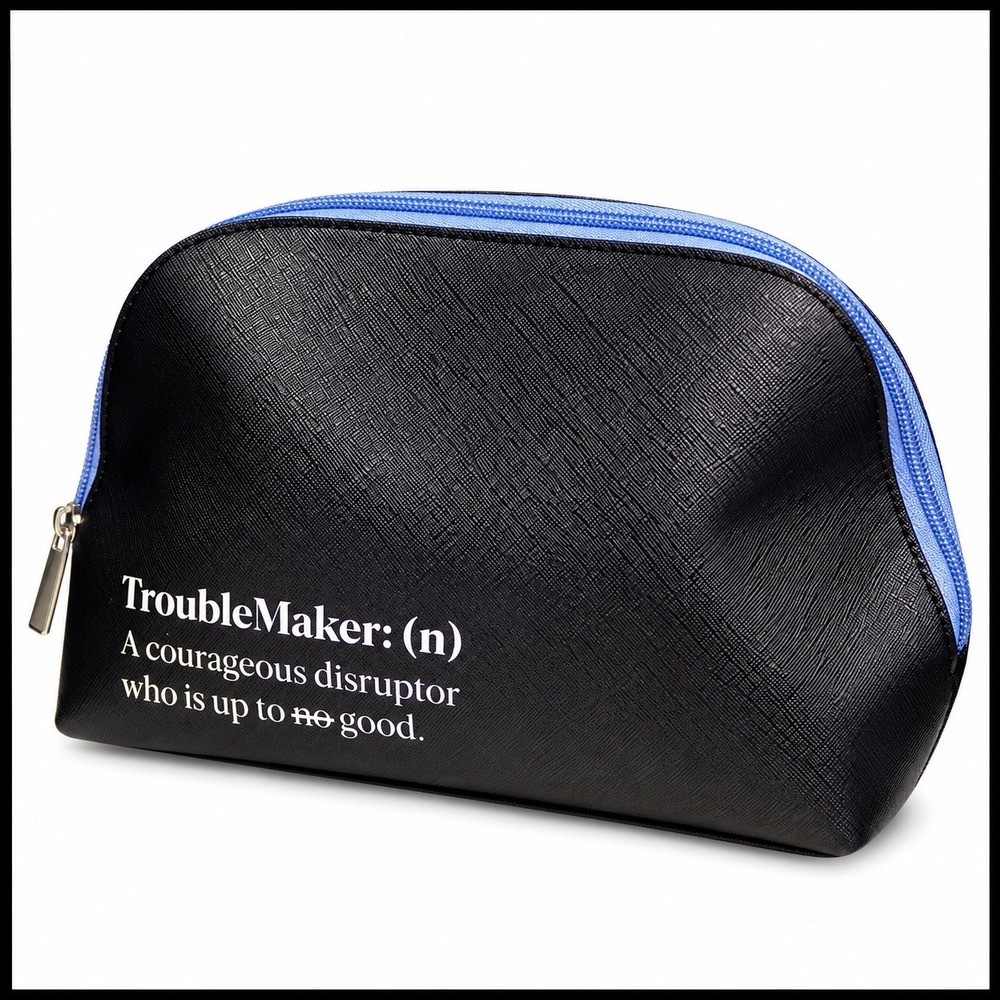 Bluemercury Troublemaker Makeup Bag Blue Vinyl 9 x 6 x 3.5 NEW